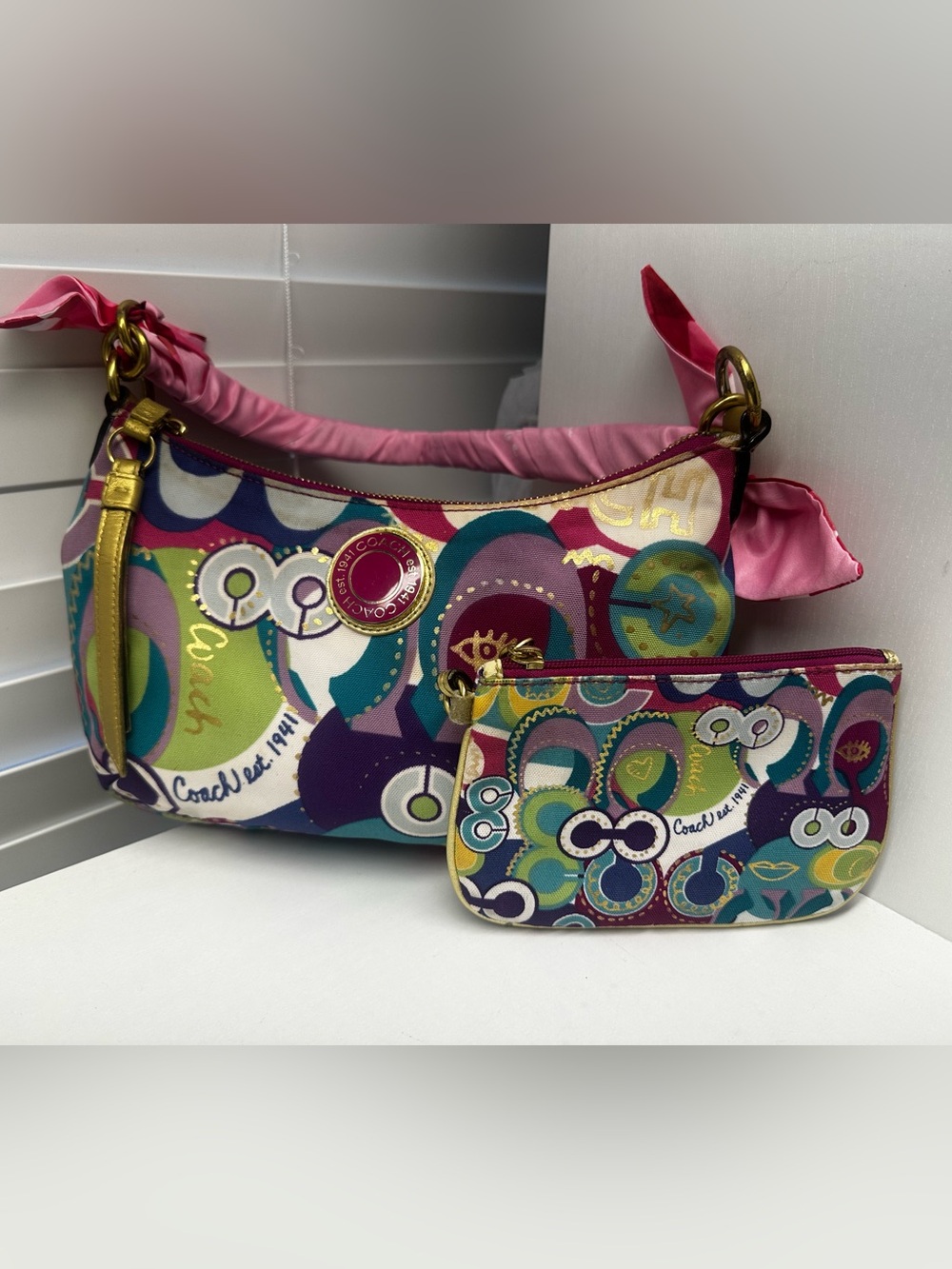 Coach Poppy “Pop C” Graffiti Daisy Hobo Shoulder Bag with Matching Wristlet